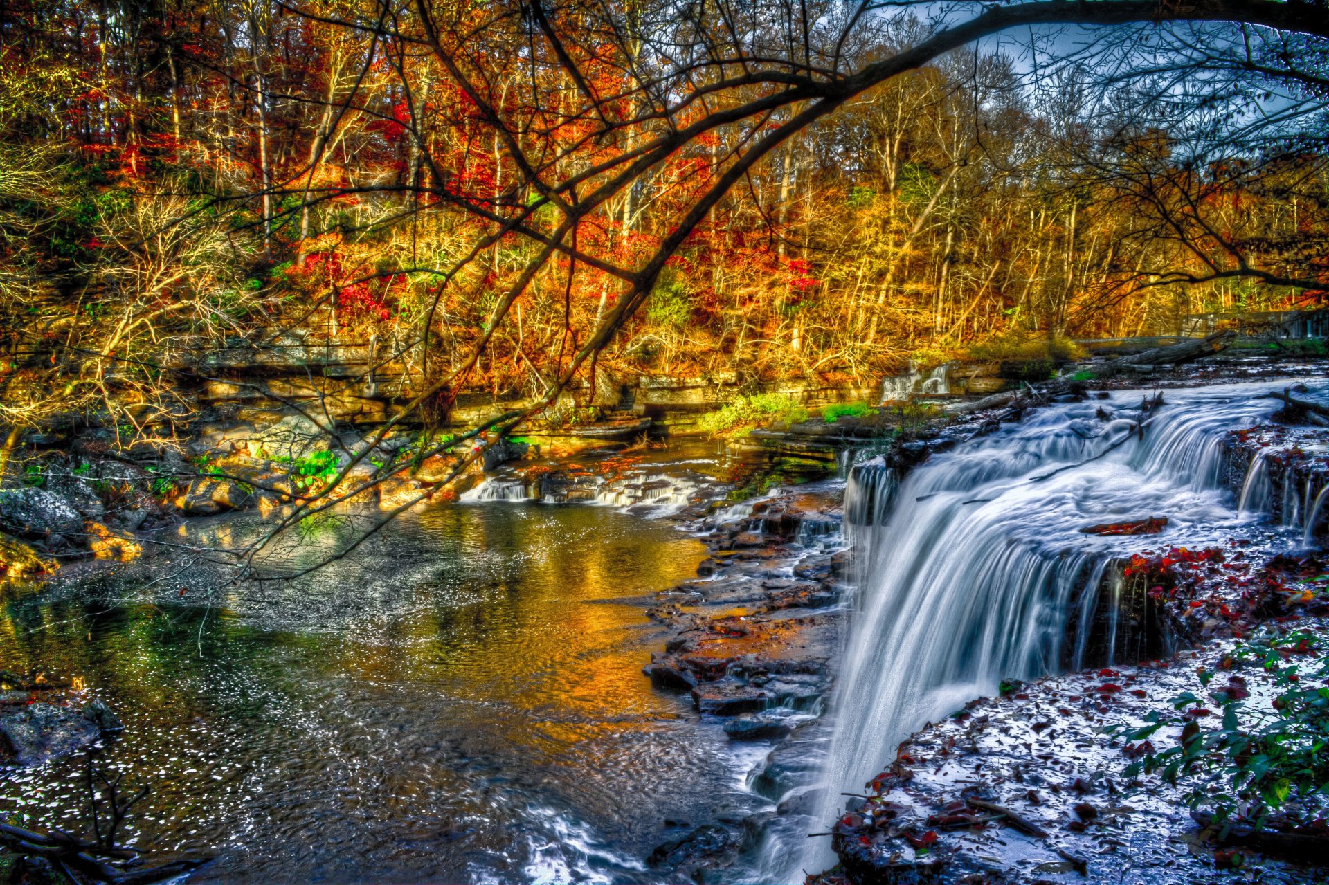 river shoals stones waterfall forest tree yellow-red-green foliage autumn