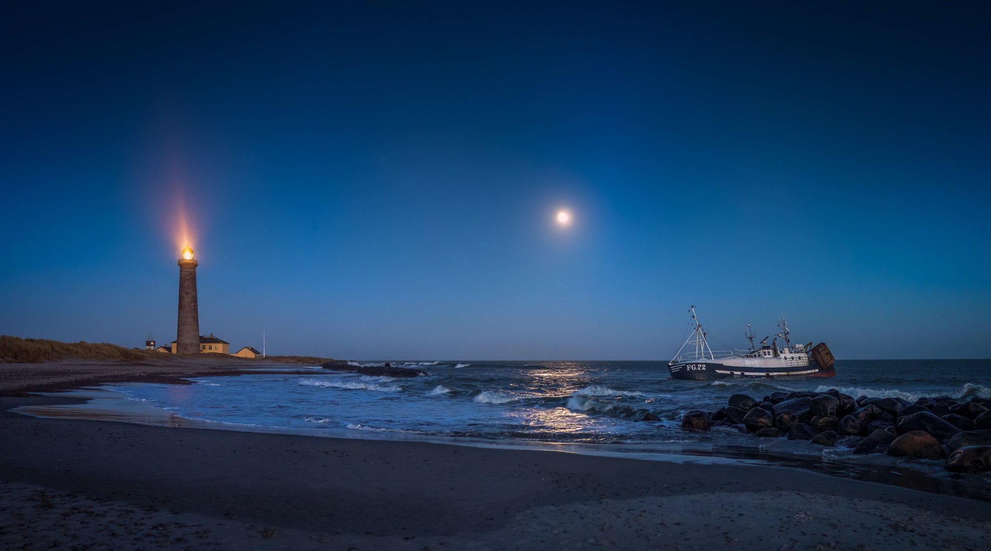 night sea lighthouse ship landscape