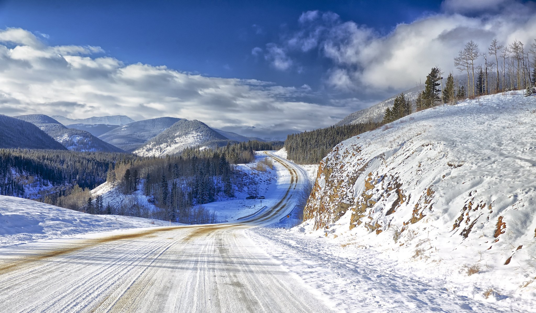 ky clouds mountain road snow winter tree nature