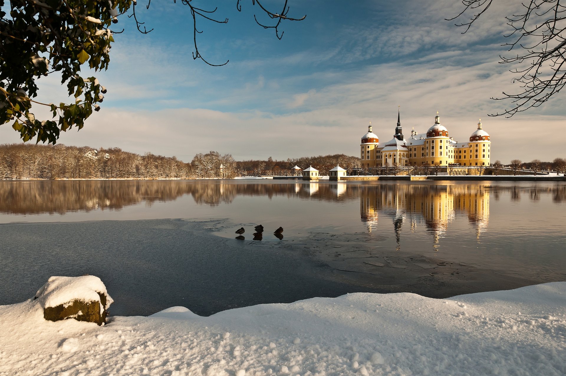 zamek moritzburg niemcy jezioro odbicie woda zima śnieg