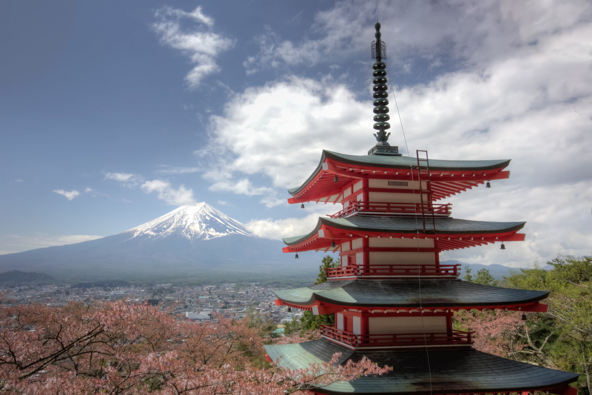 mount fuji chureito pagode fujiyoshida japan fujiyama fuji fuji pagode berg vulkan sakura panorama