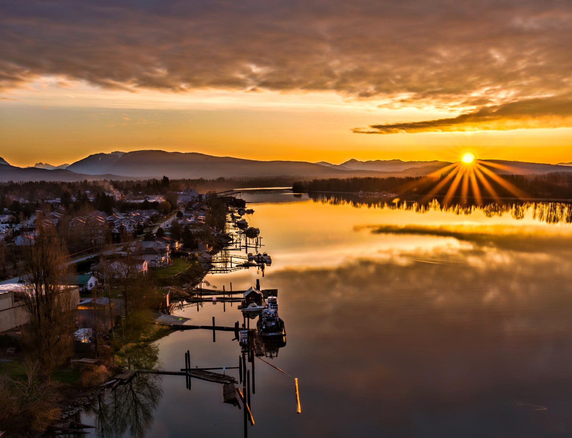 maple ridge british columbia canada sky mountain sunset sun lake boat house