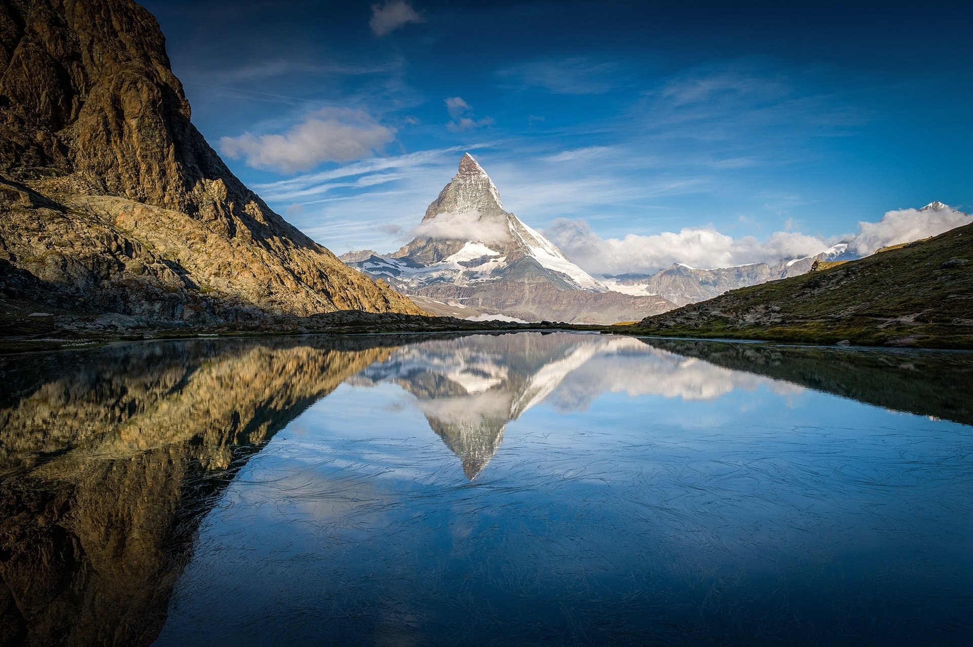 alps peak of the matterhorn lake reflection