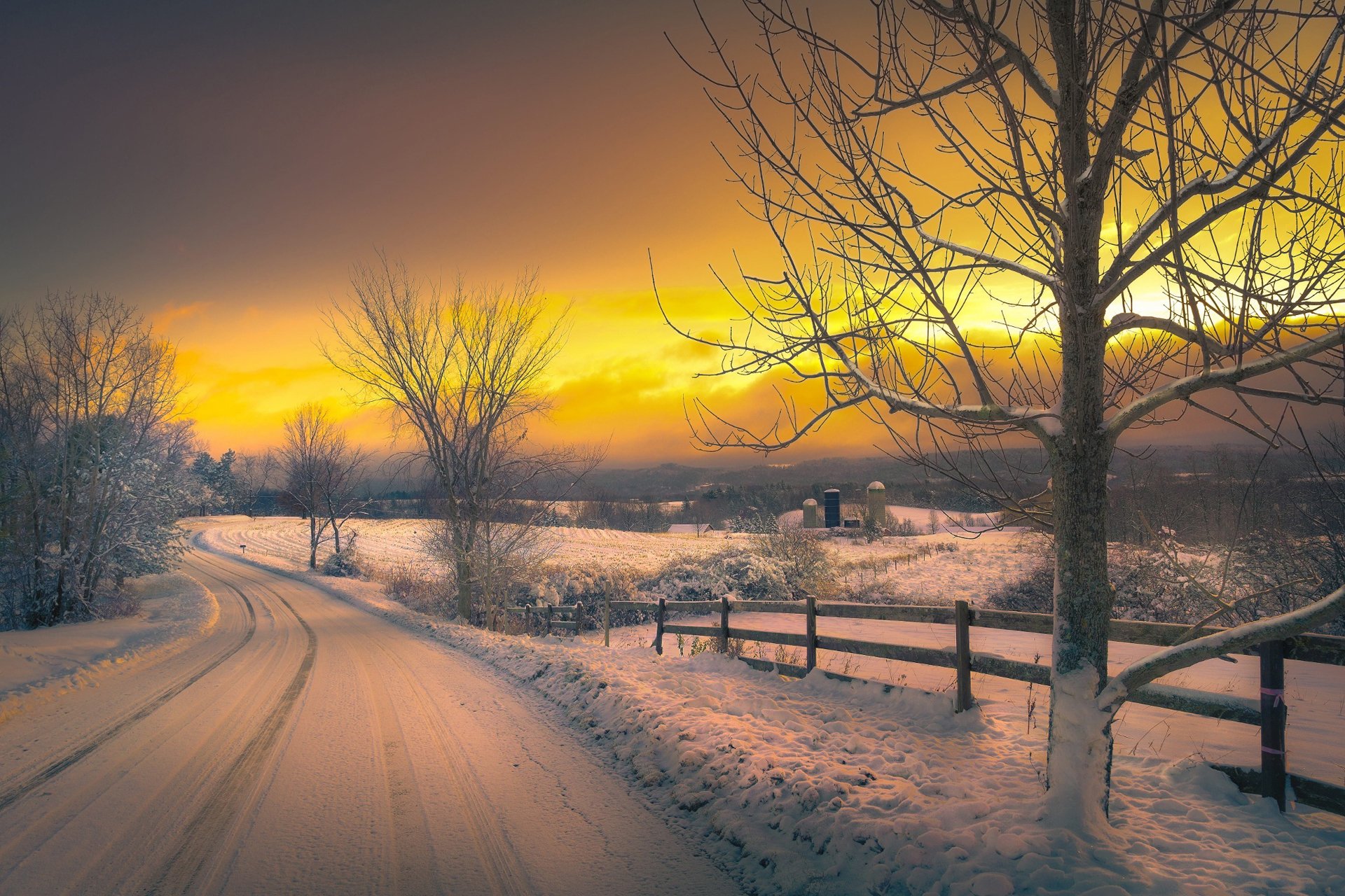 cielo nuvole bagliore sera strada inverno neve alberi