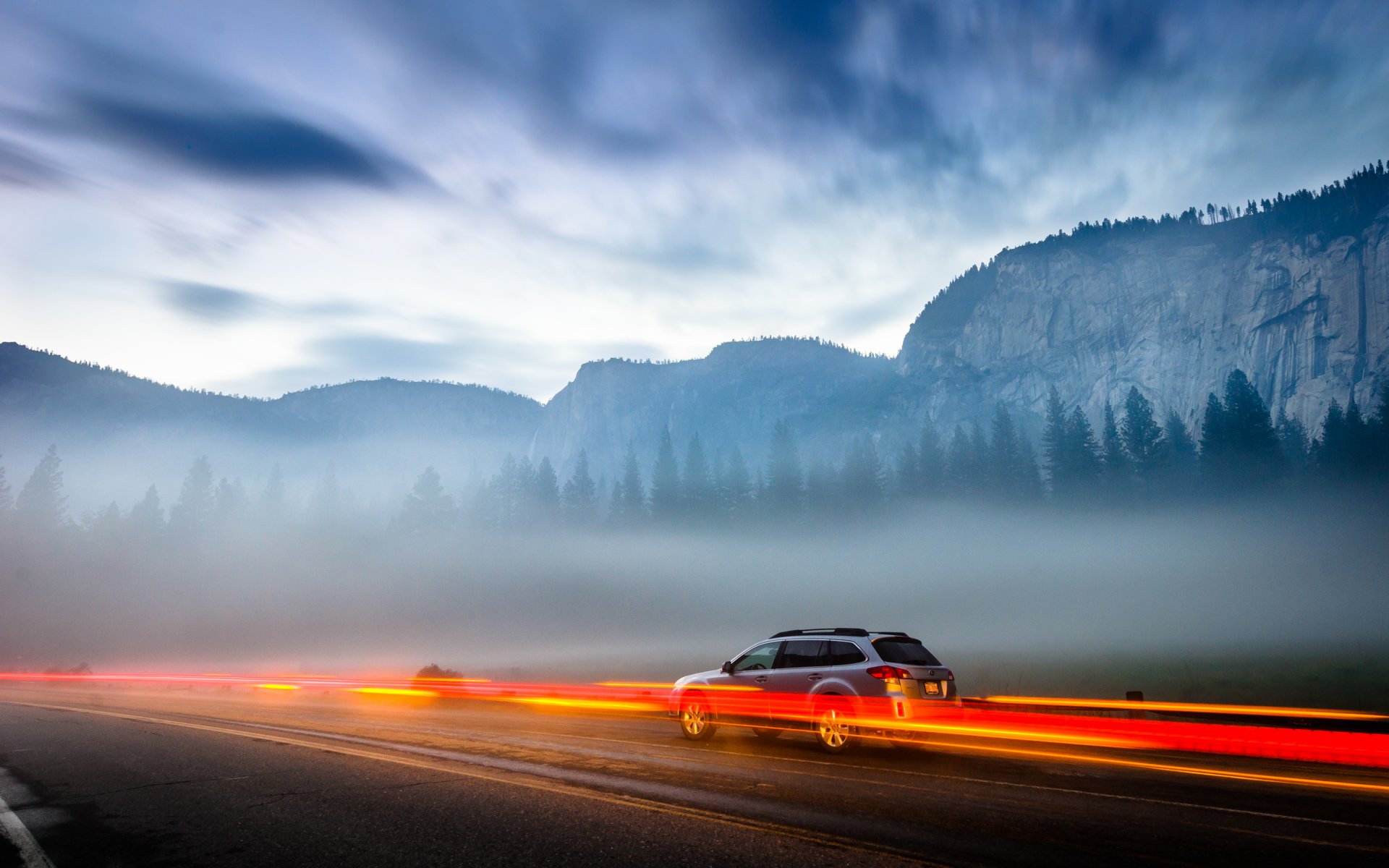 yosemite nationalpark berge straße lichter auto natur