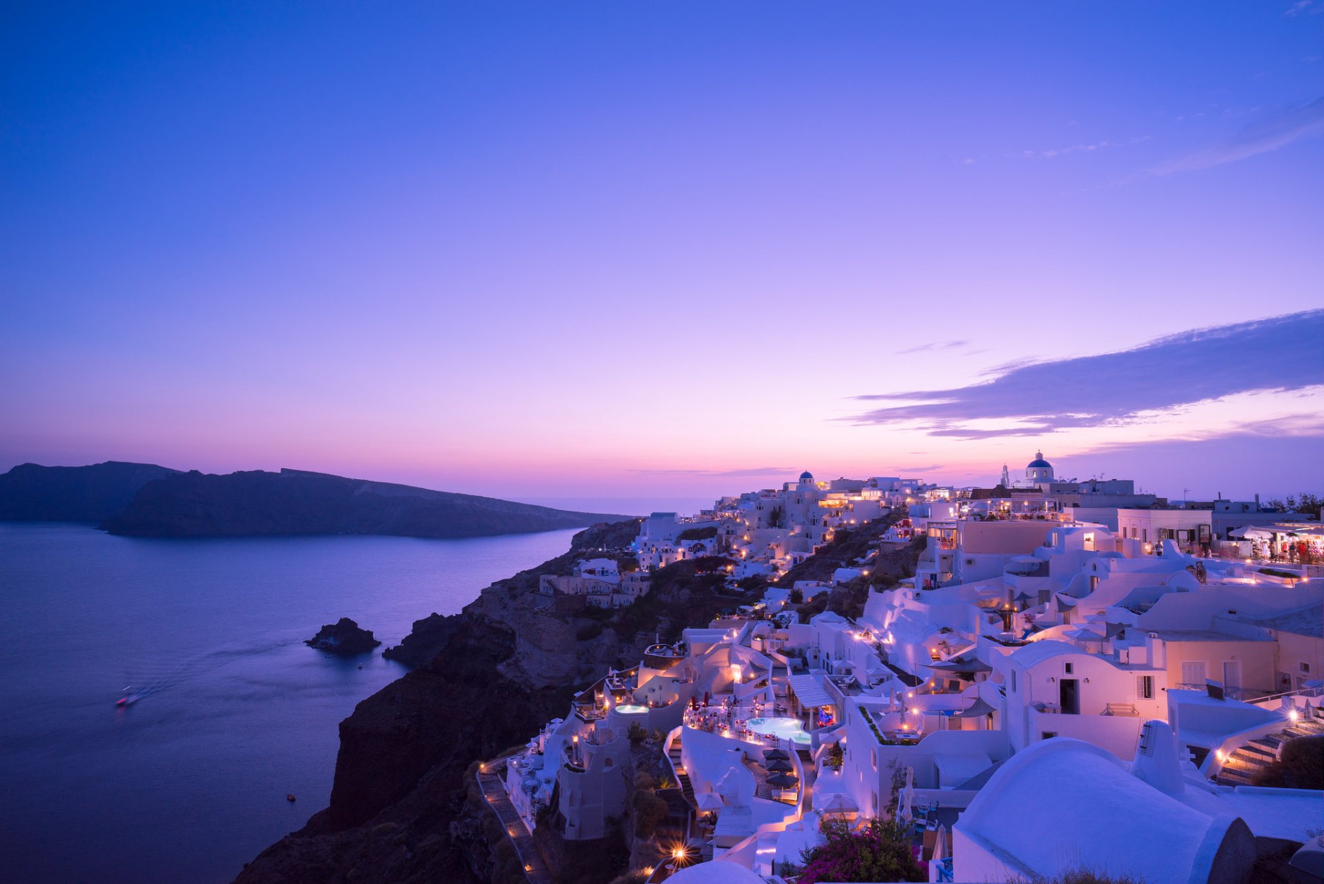 griechenland santorini insel tyra abend zuhause lichter meer sonnenuntergang