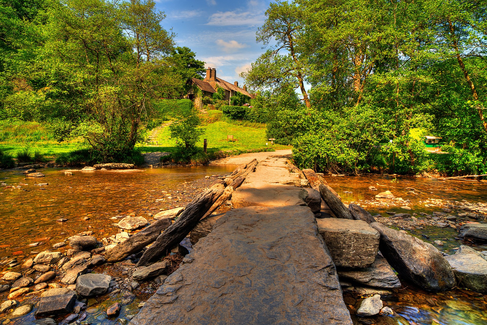 gb exmoor sky clouds house lake stones tree