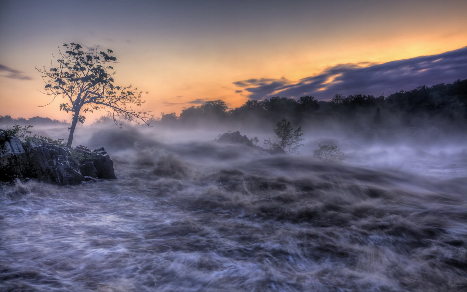 unset river fog landscape