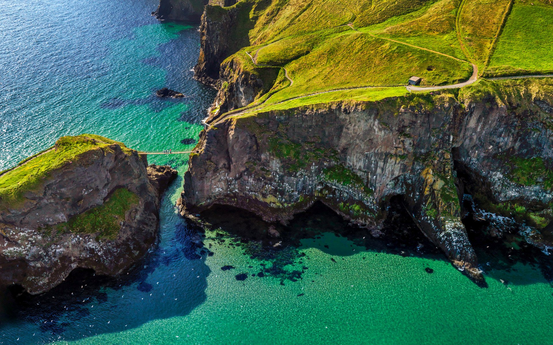 ballintoy carrick-a-reed irlandia północna most linowy morze klify droga ludzie