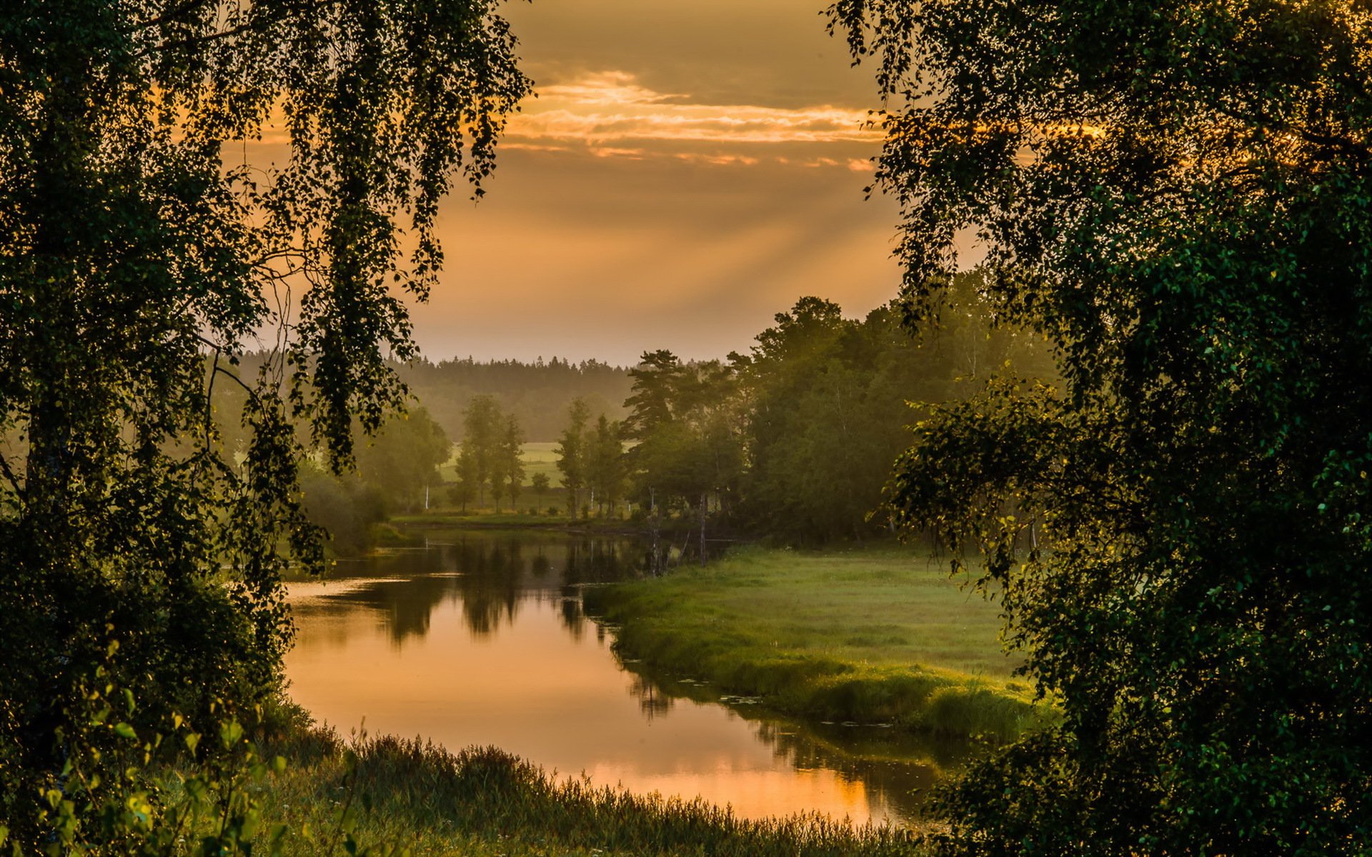 coucher de soleil rivière paysage