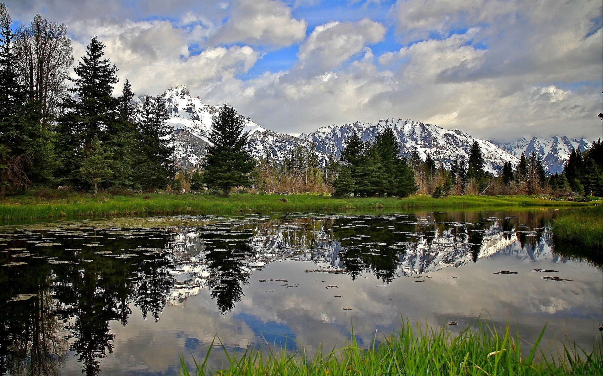 ciel nuages montagnes neige lac arbres sapin