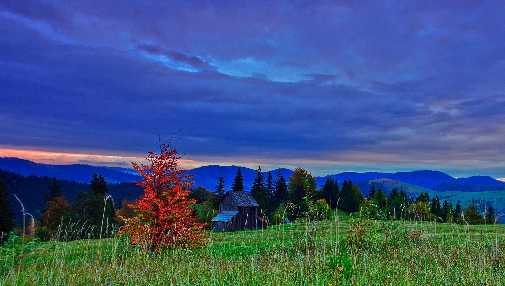 hdr roumanie ciel nuages nuages soir pente montagnes arbres automne nature