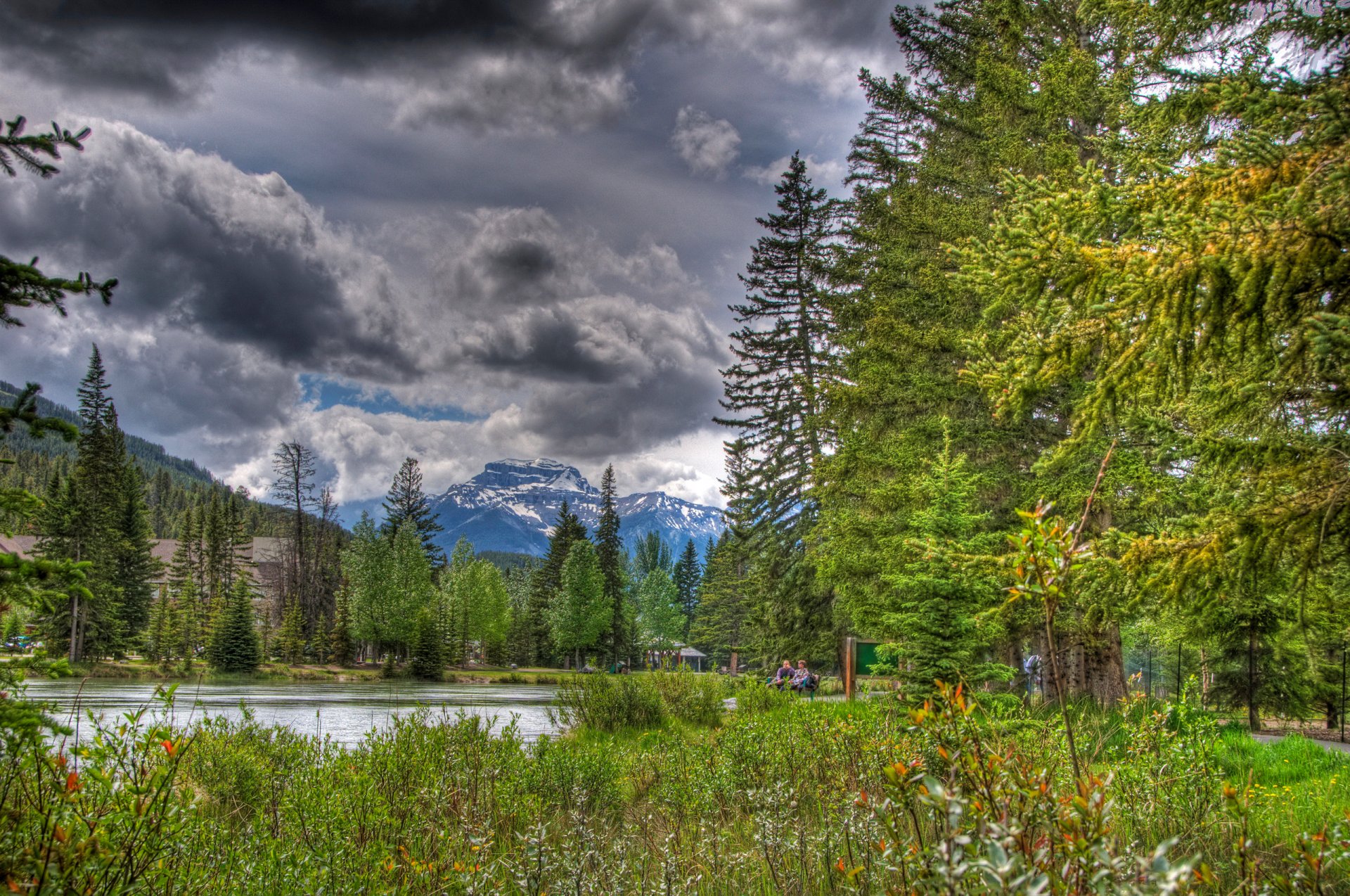 alberta canada sky clouds park trees mountains people lake flower