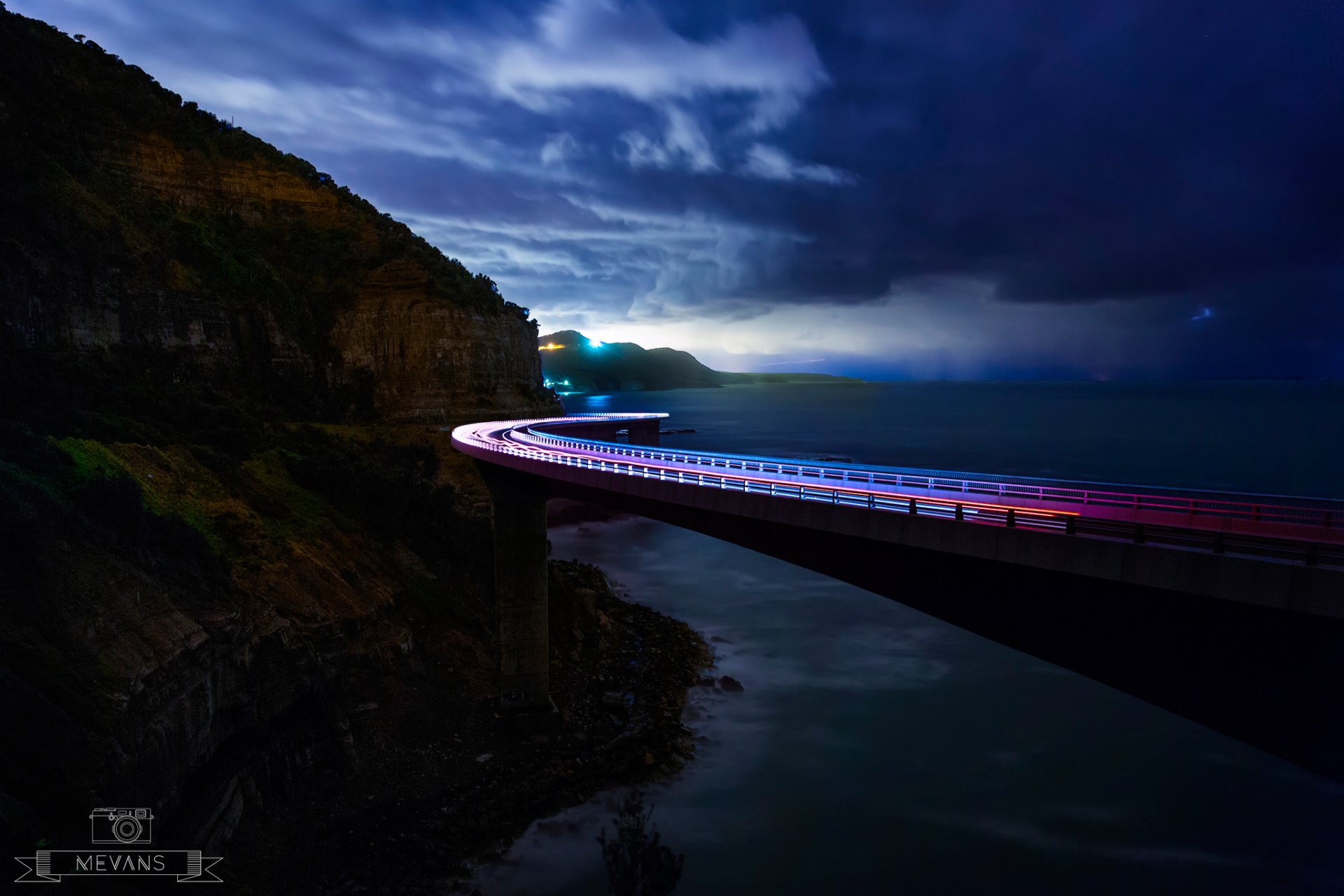 австралия новый южный уэльс иллаварра sea cliff bridge мост скалы океан огни выдержка тучи