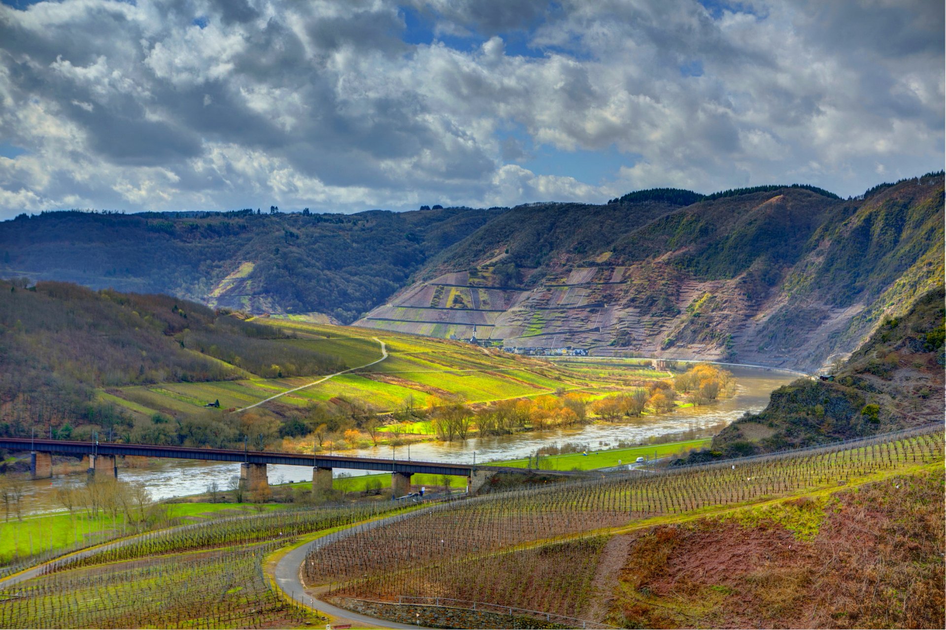 ediger-eller germany sky clouds mountain the field river bridge vineyard