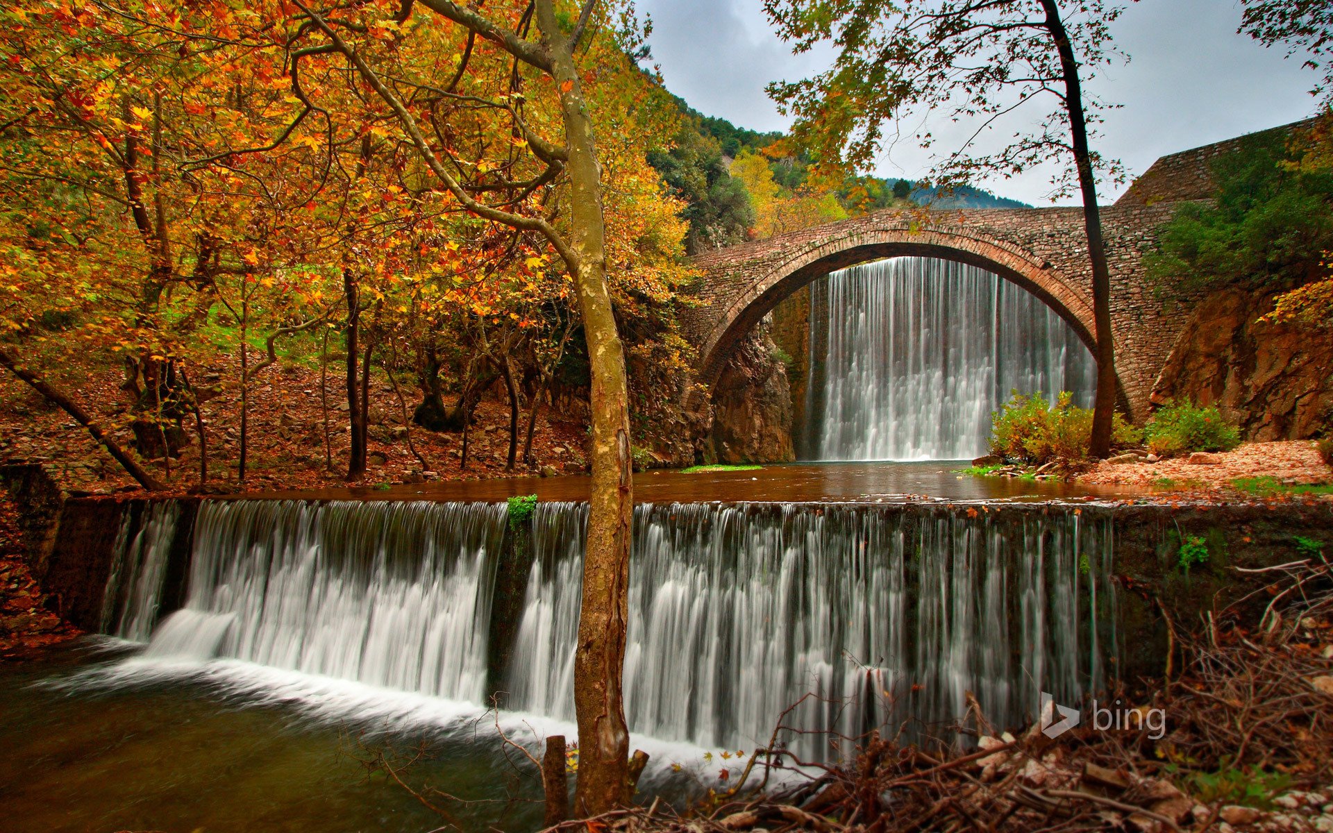 greece trikala sky river waterfall tree bridge autumn