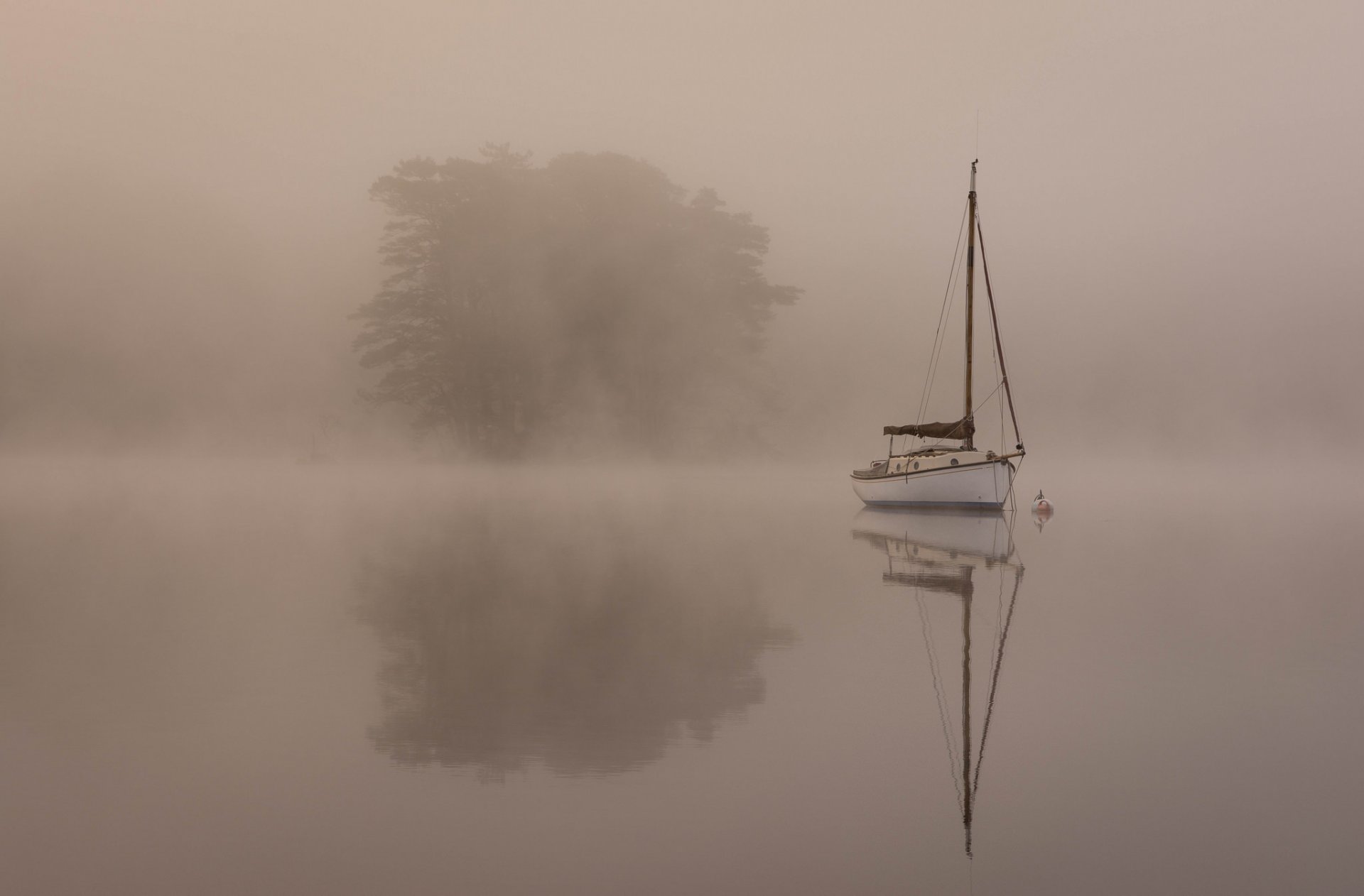 fog lake boat yacht morning