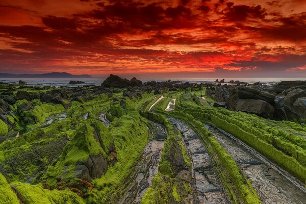 Amanecer sobre las rocas en la costa del océano