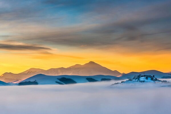 Landscape dawn, mountains, snow morning at home