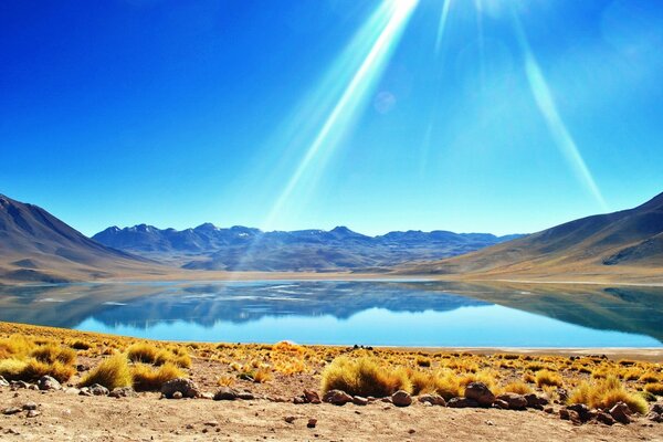 Soleil plan d eau désert, montagnes nature paysage