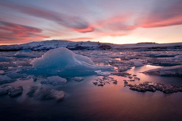 Sunset in Iceland on a glacier valley