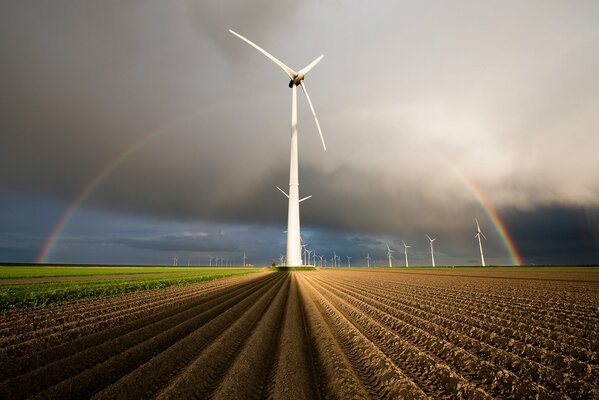 Ein Feld mit Windrädern. regenbogen am Himmel