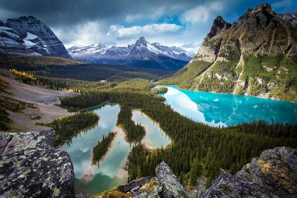 Valley with mountains and lakes from a height