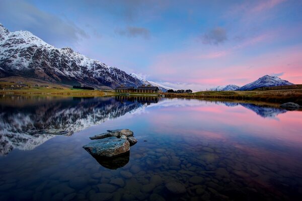 The surface of a transparent lake among the mountains