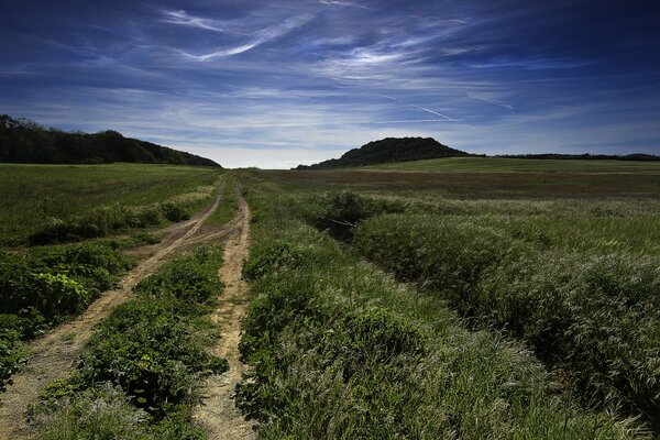 Eine Straße in einem Feld, die zu den Hügeln führt. Blauer Himmel