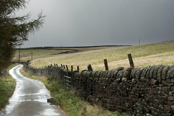 Landschaft- Straße neben einem umzäunten Feld