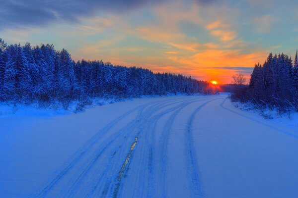 Winter sunset by the road in the forest