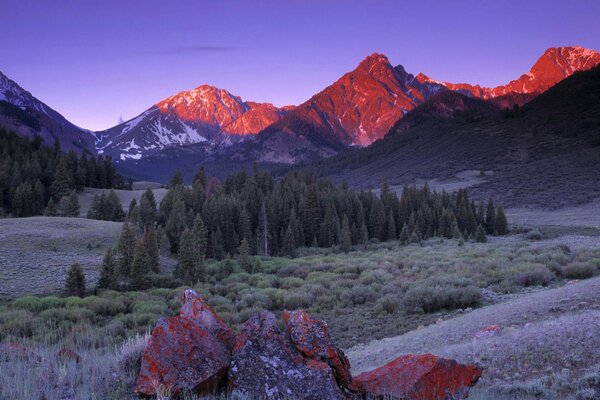 Pink mountain peaks at sunset