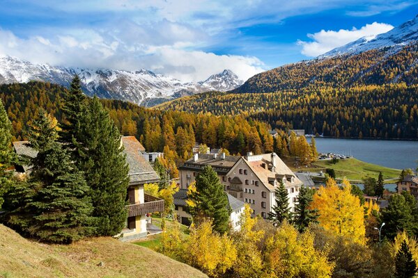 Paesaggio autunnale con il fiume e le montagne della Svizzera