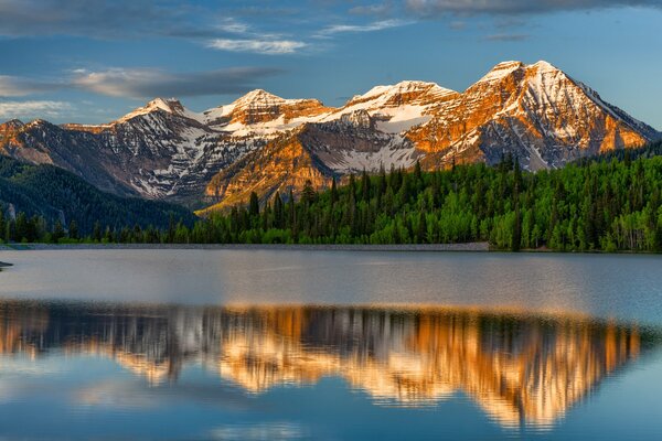 Reflection of mountains and forests in the lake