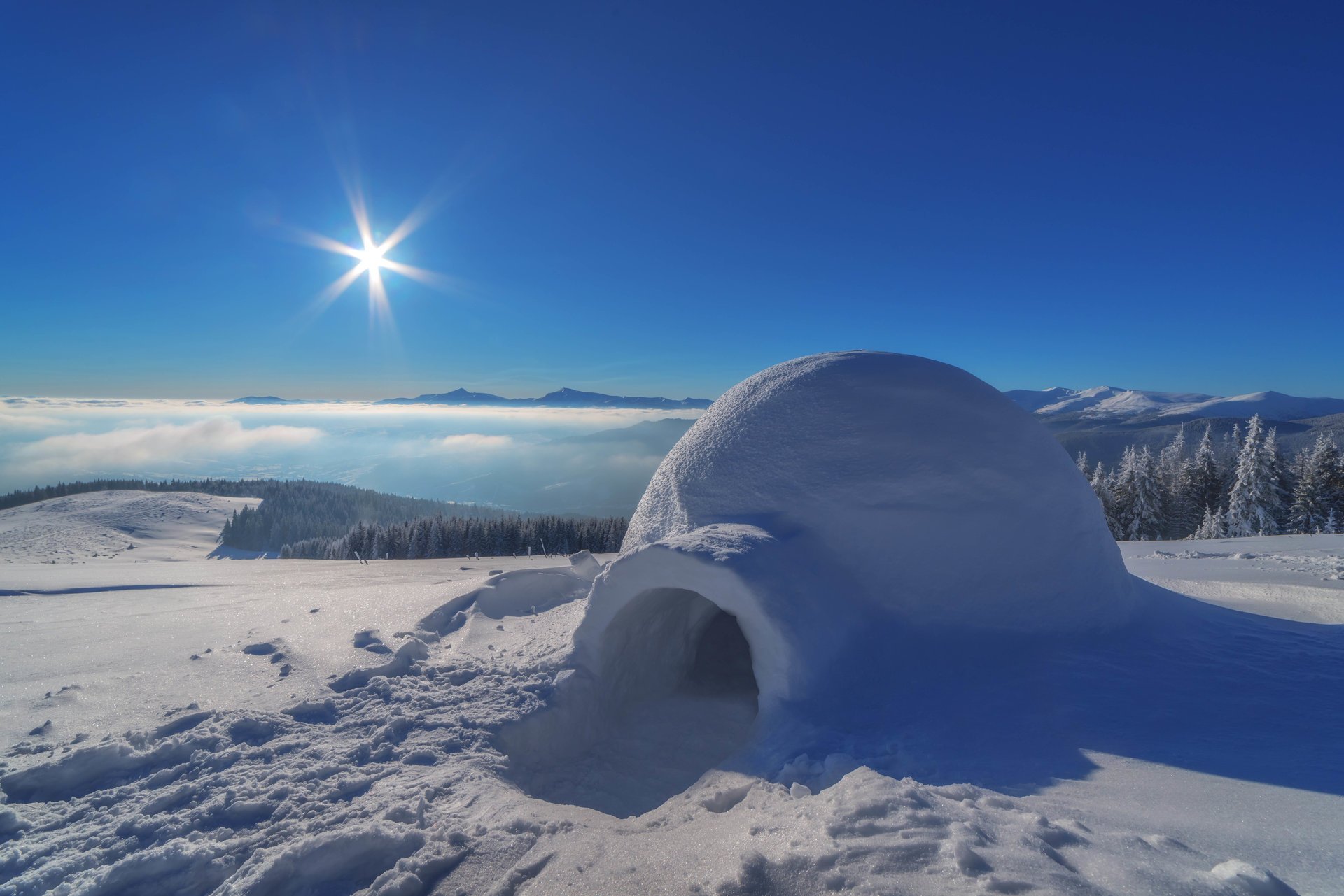 paesaggio nevoso casa igloo fatto di neve ghiaccio a cupola dimora sconfinato nevoso distese montagne foreste cielo sole bellissimo sfondo sfocatura bokeh carta da parati