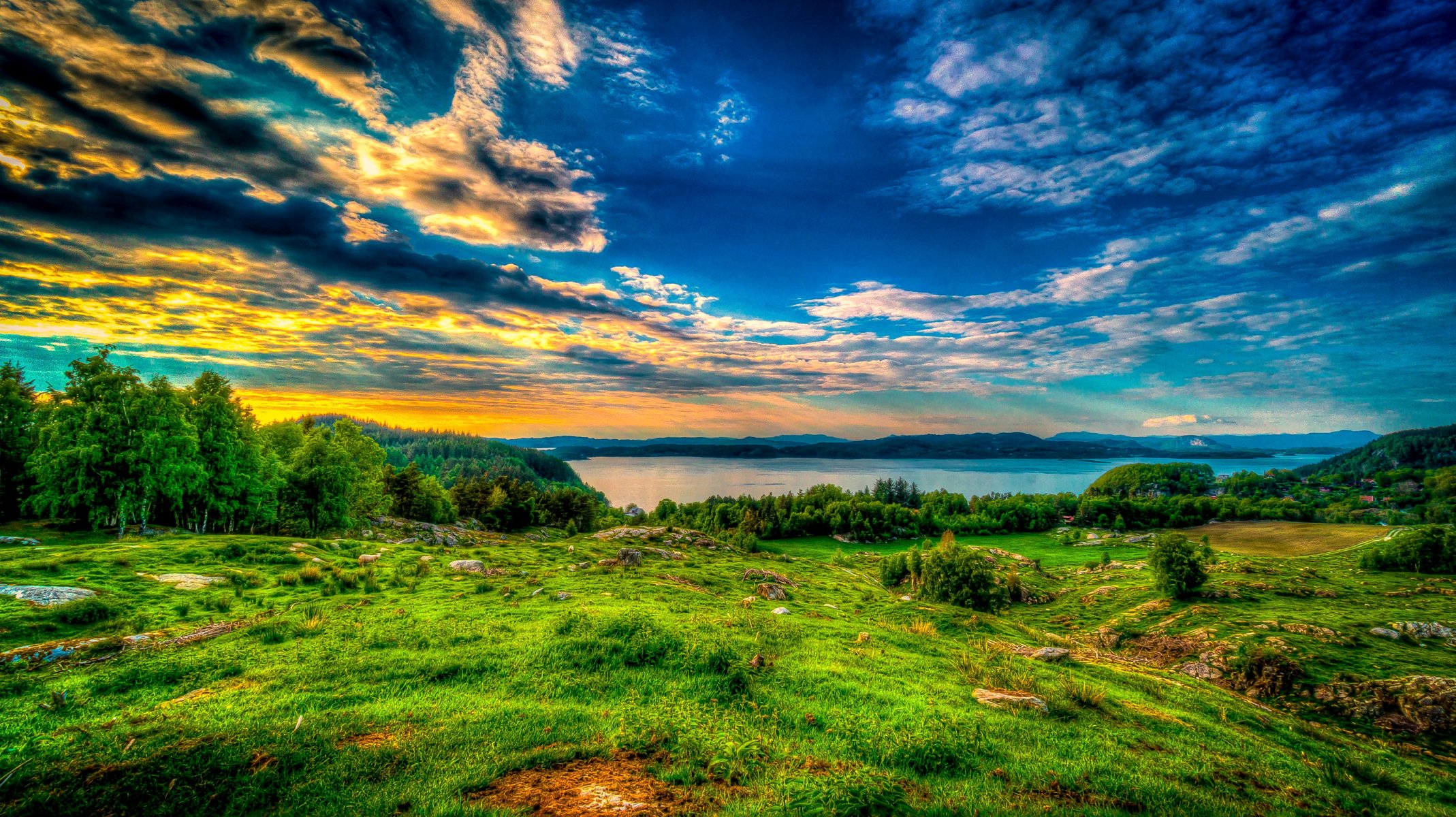 ky clouds sunset lake tree stones gra