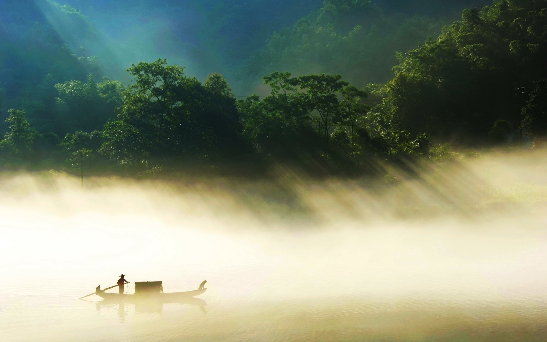 hunan cina fiume giungla barca nebbia