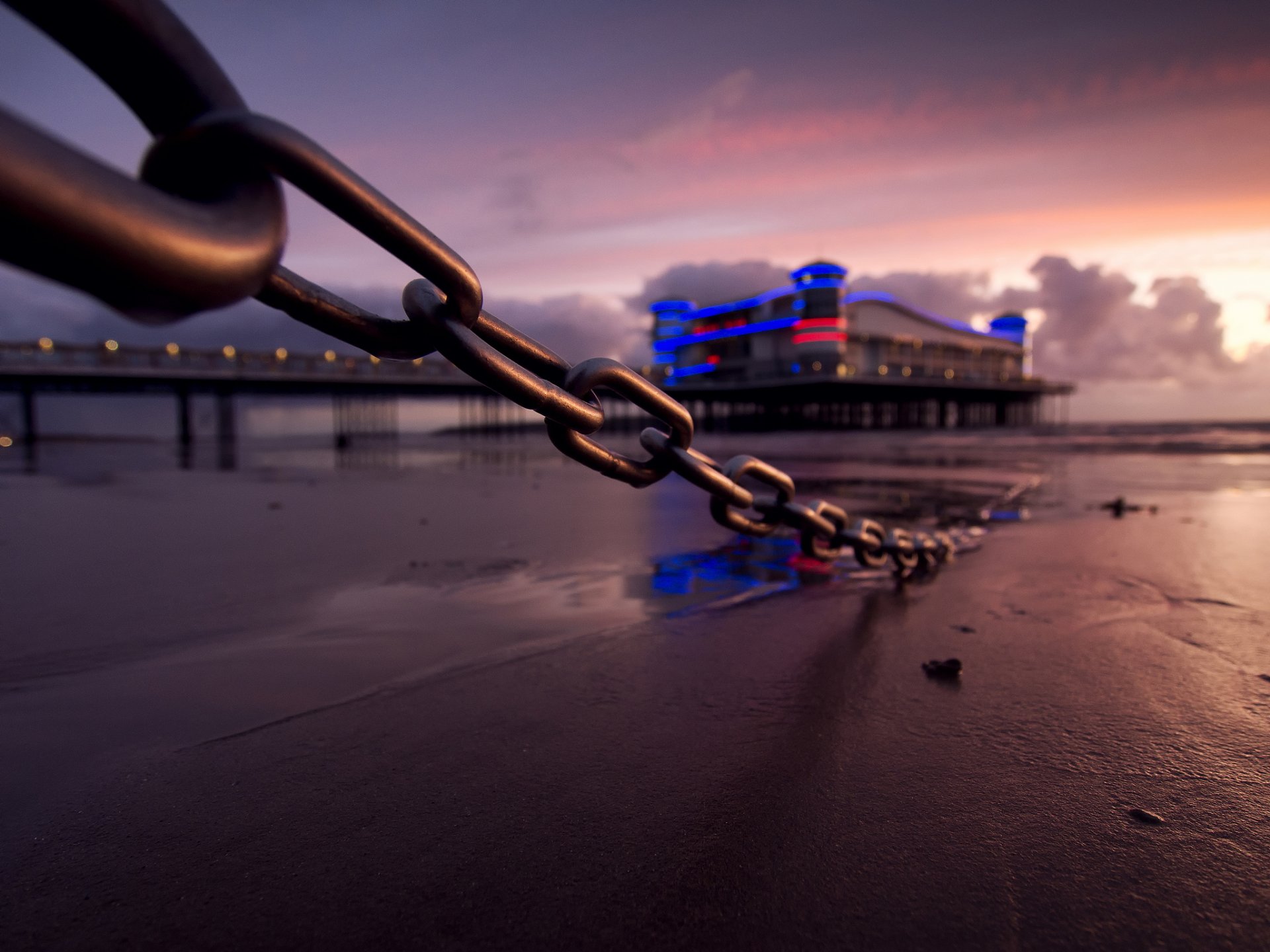 england sea beach night lights chain