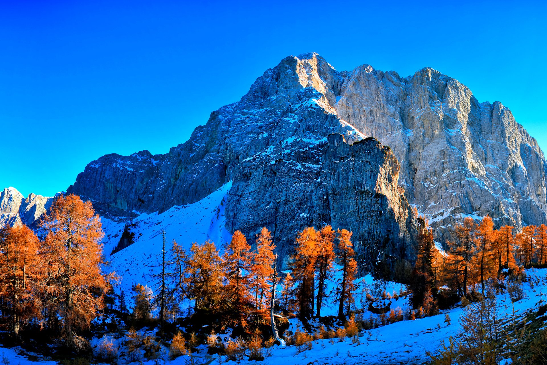 cielo montañas otoño árboles nieve carmesí