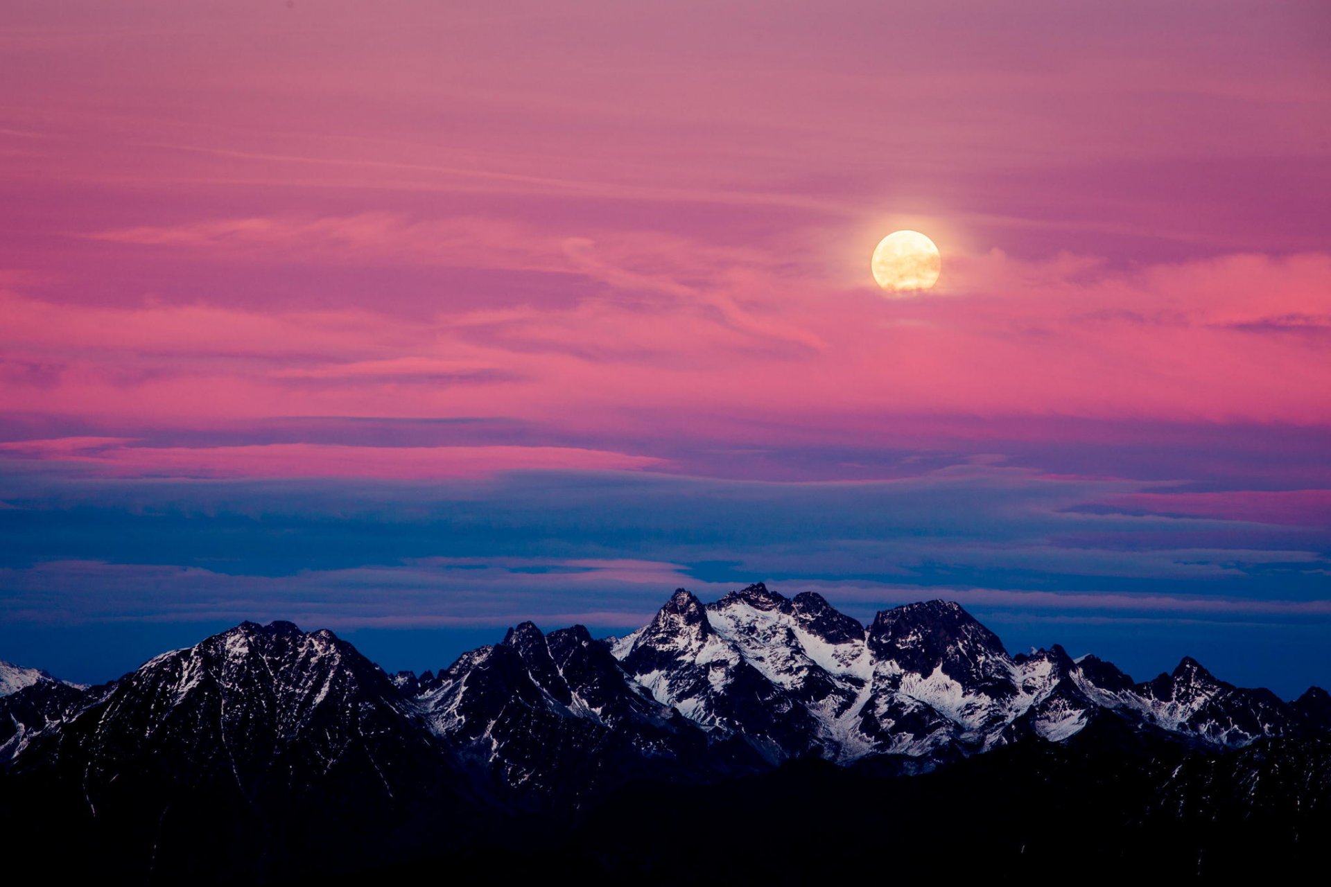 mountain alps snow sunset moon landscape