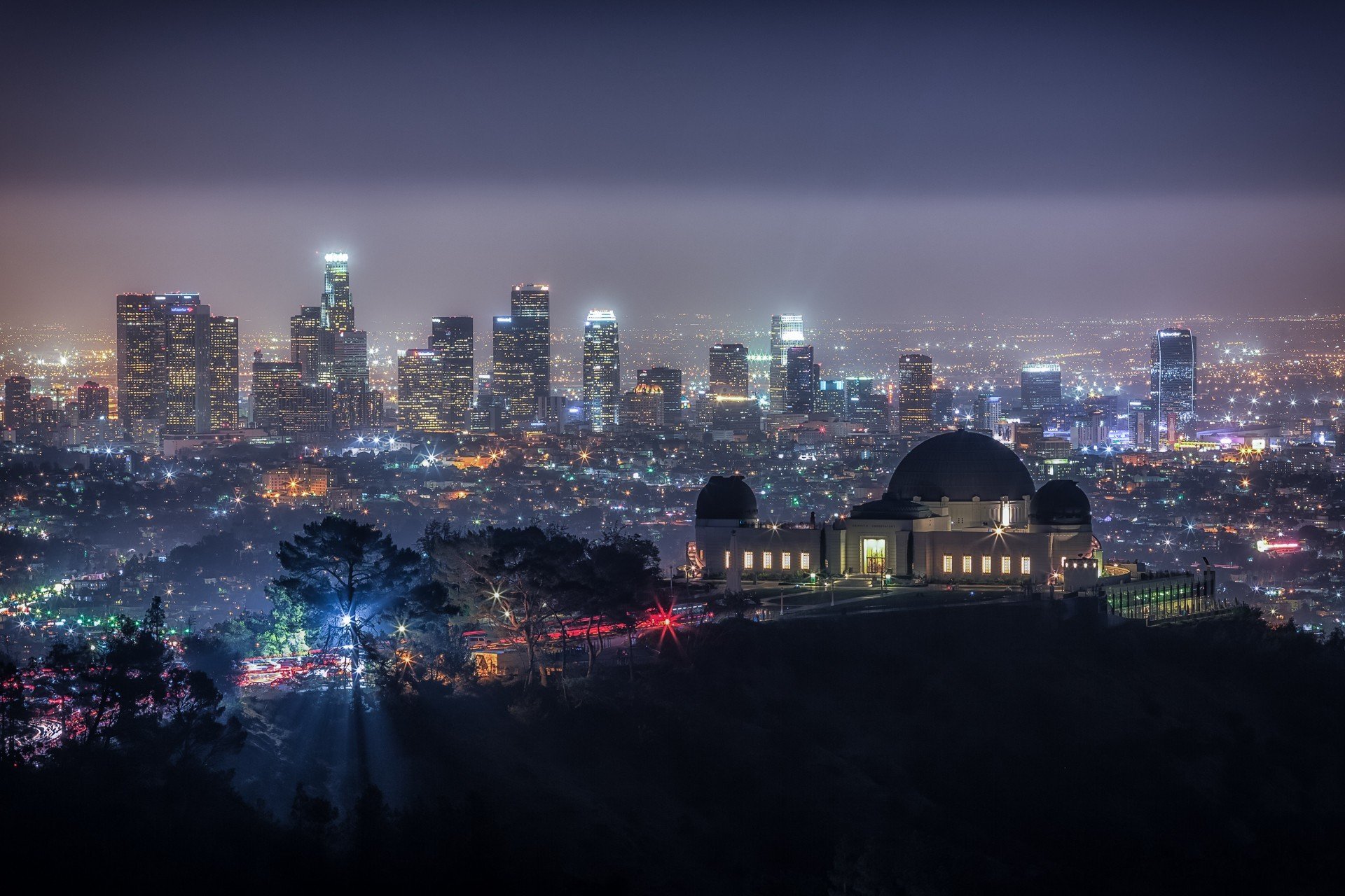 griffith park california usa notte cupola luci case alberi cielo osservatorio