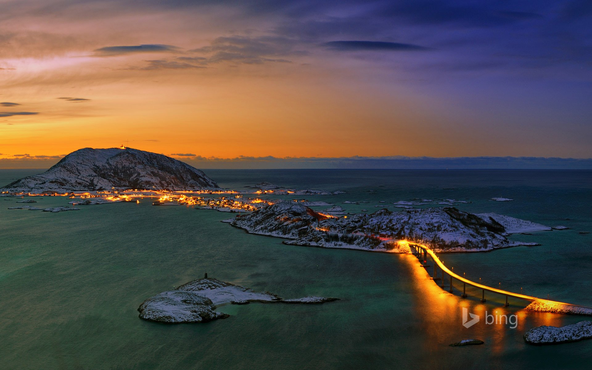 norwegen tromsø himmel sonnenuntergang meer berg insel brücke lichter stadt