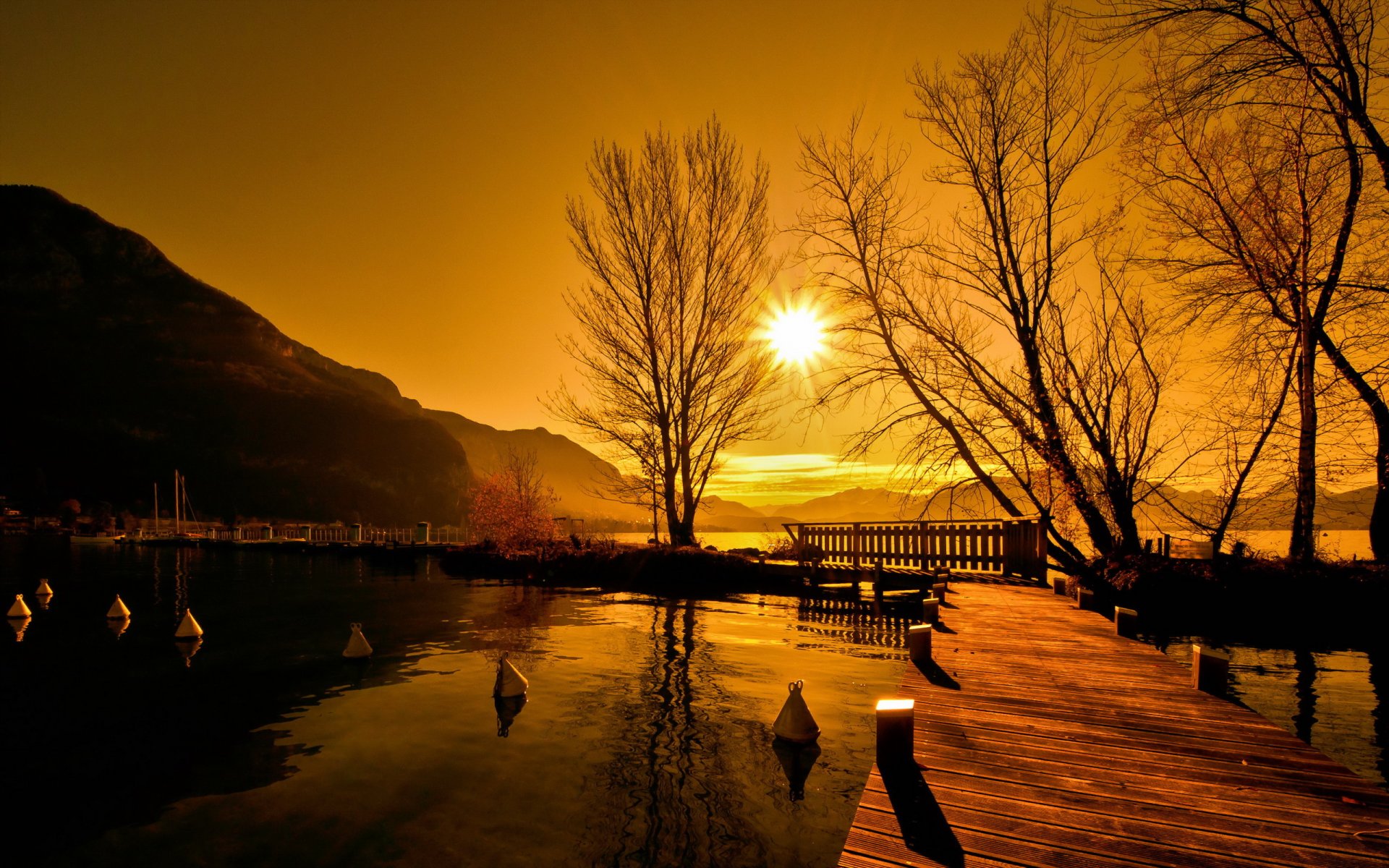 sonnenuntergang brücke see landschaft