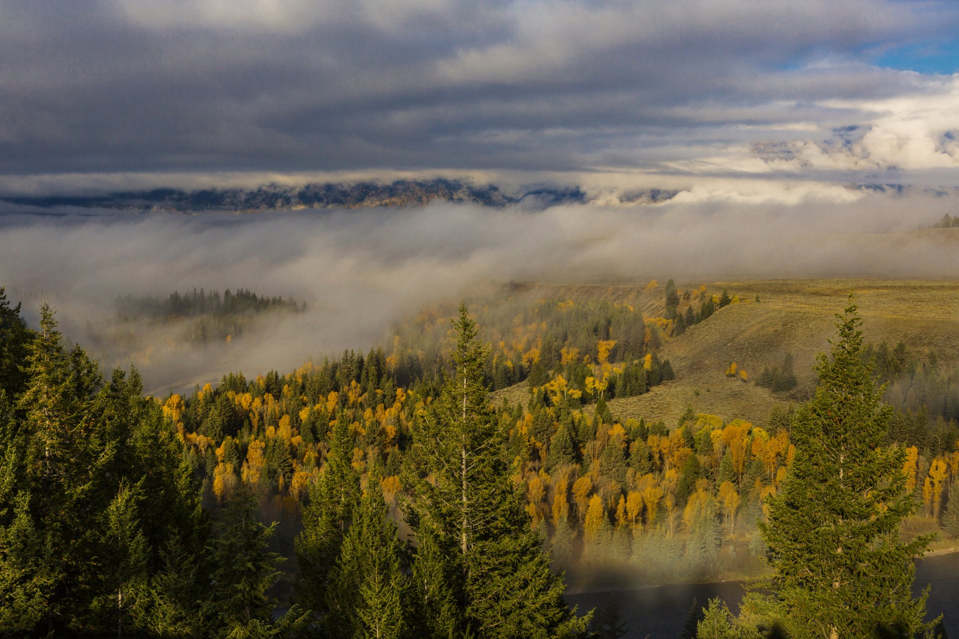 usa wyoming national park grand teton grand teton wyoming forest trees autumn fog clouds river panorama