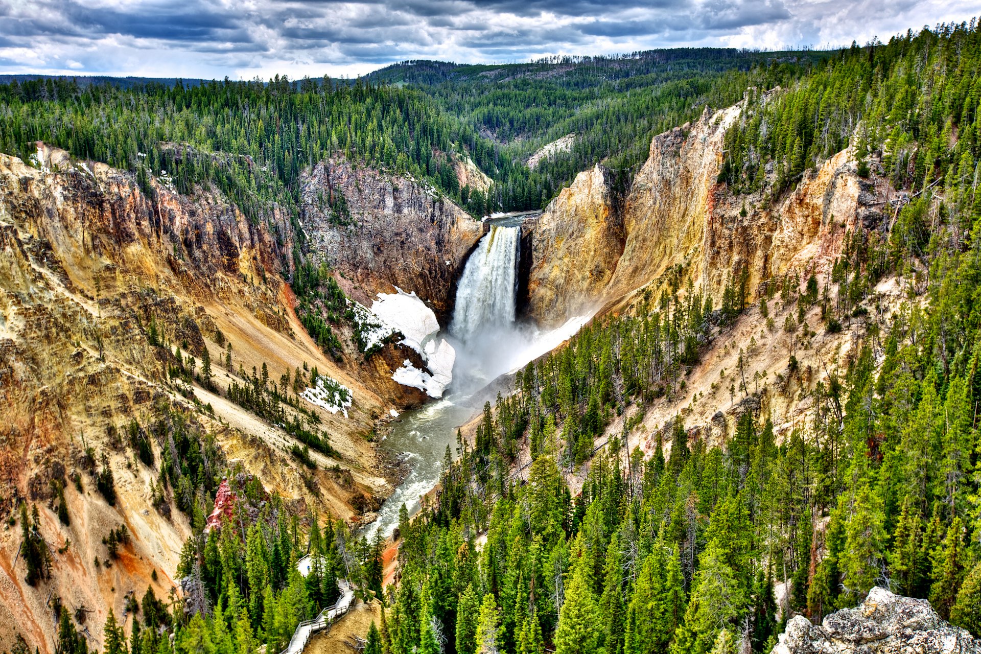 yellowstone national park united states sky clouds forest tree river waterfall slope mountain