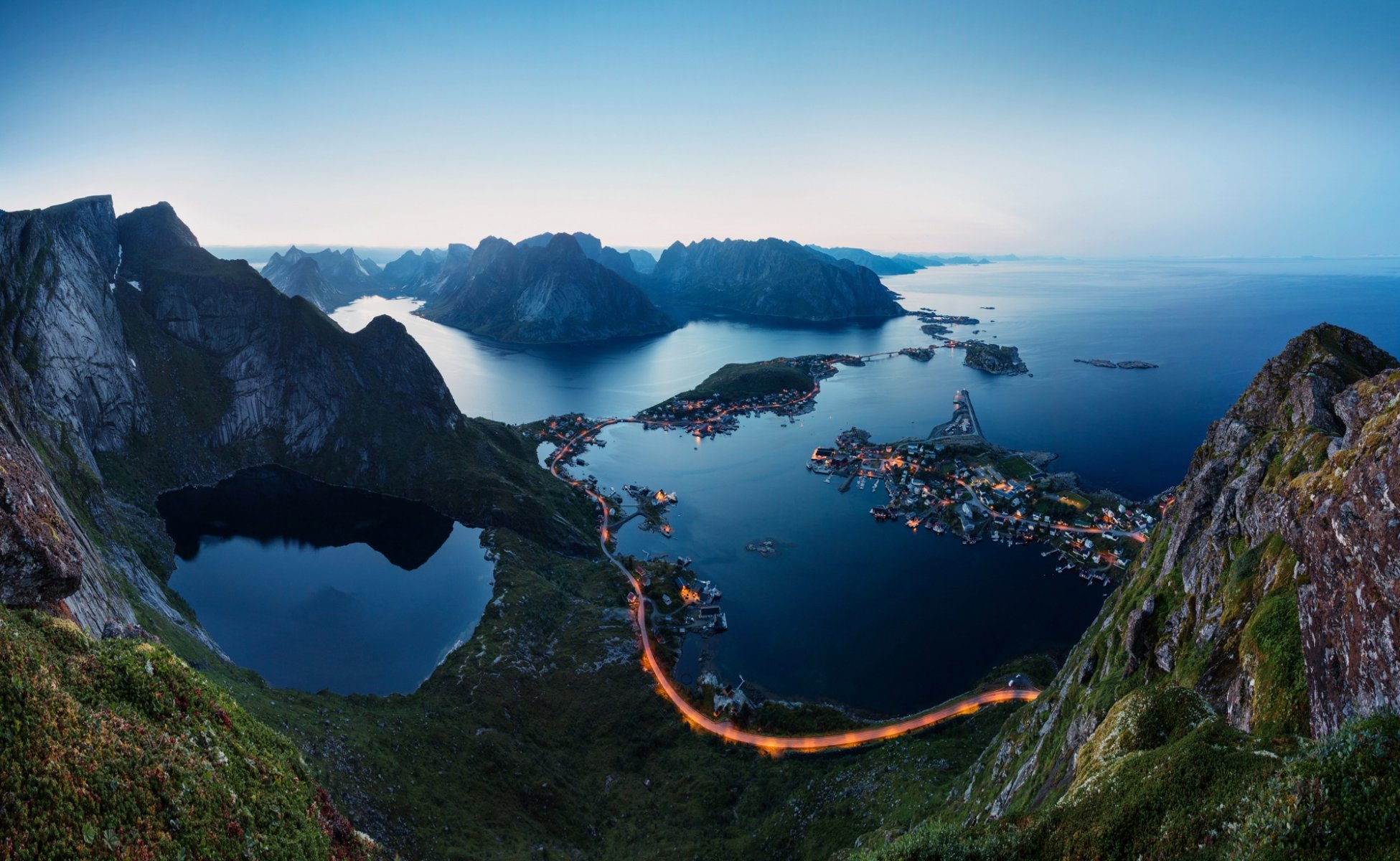 norway lofoten mountain fjords night light