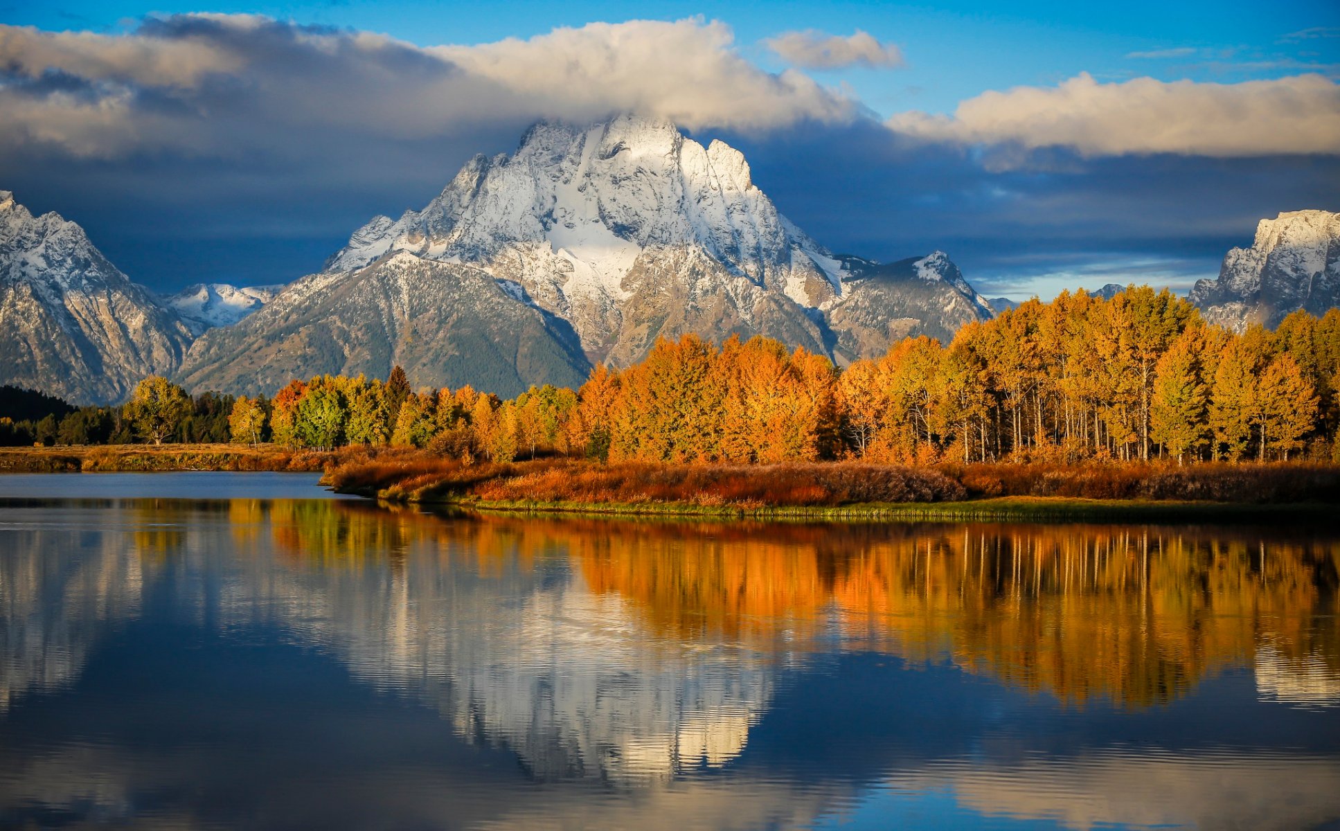 stany zjednoczone stan wyoming park narodowy grand teton zakręt rozlewiska poranek jesień