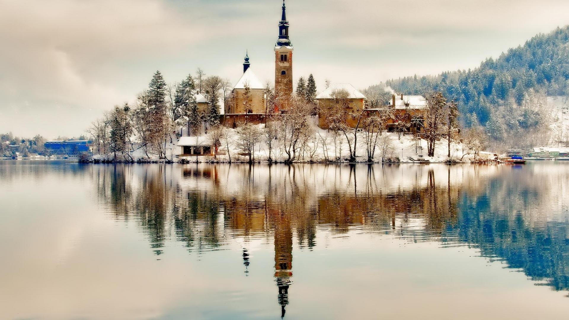 himmel see insel kirche winter schnee bäume