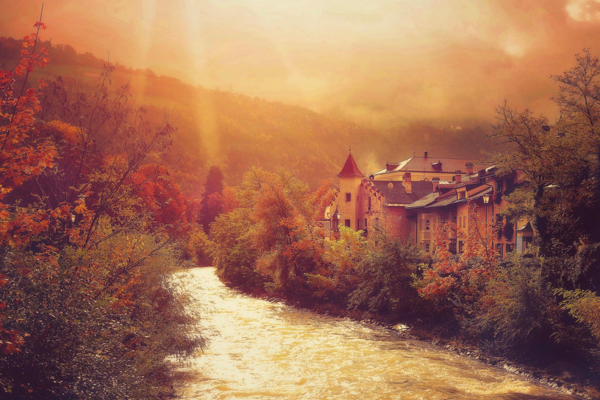 autumn mountain river town house tree foliage light rays nature landscape