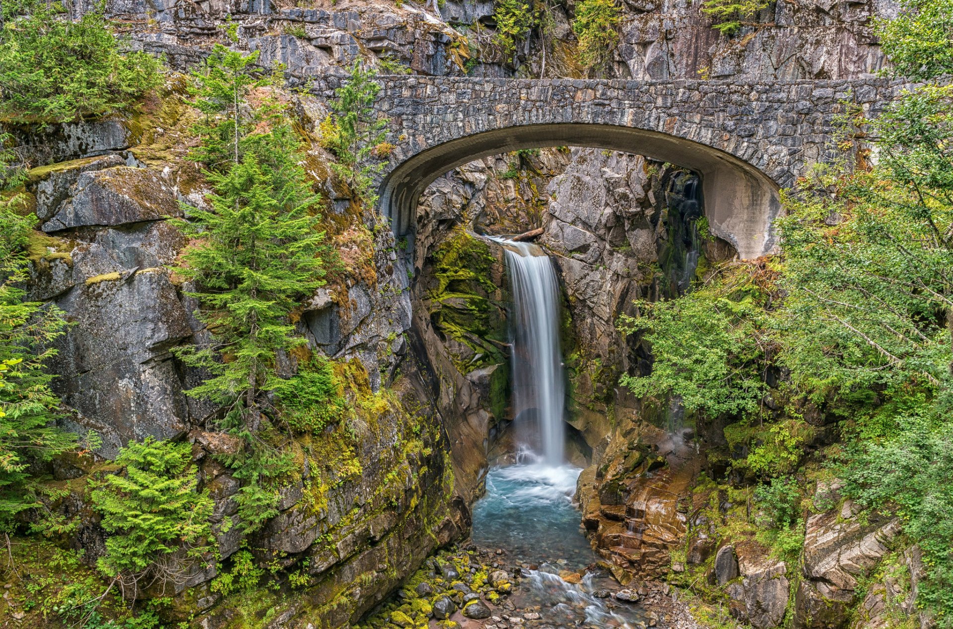 mount rainier waszyngton usa góry skały drzewa most strumień rzeka wodospad